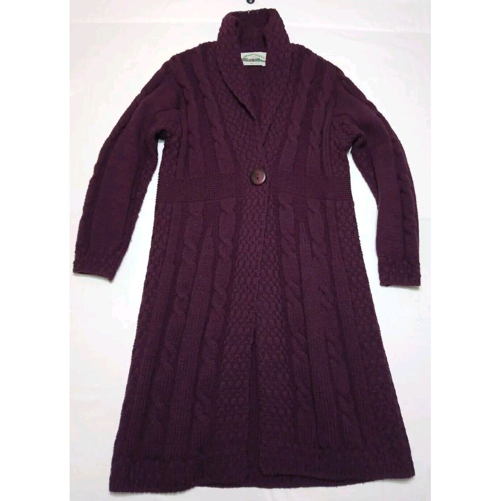 Aran Crafts Women's Plum 100% Merino Wool Chunky Long Cardigan Hand Knit Size S